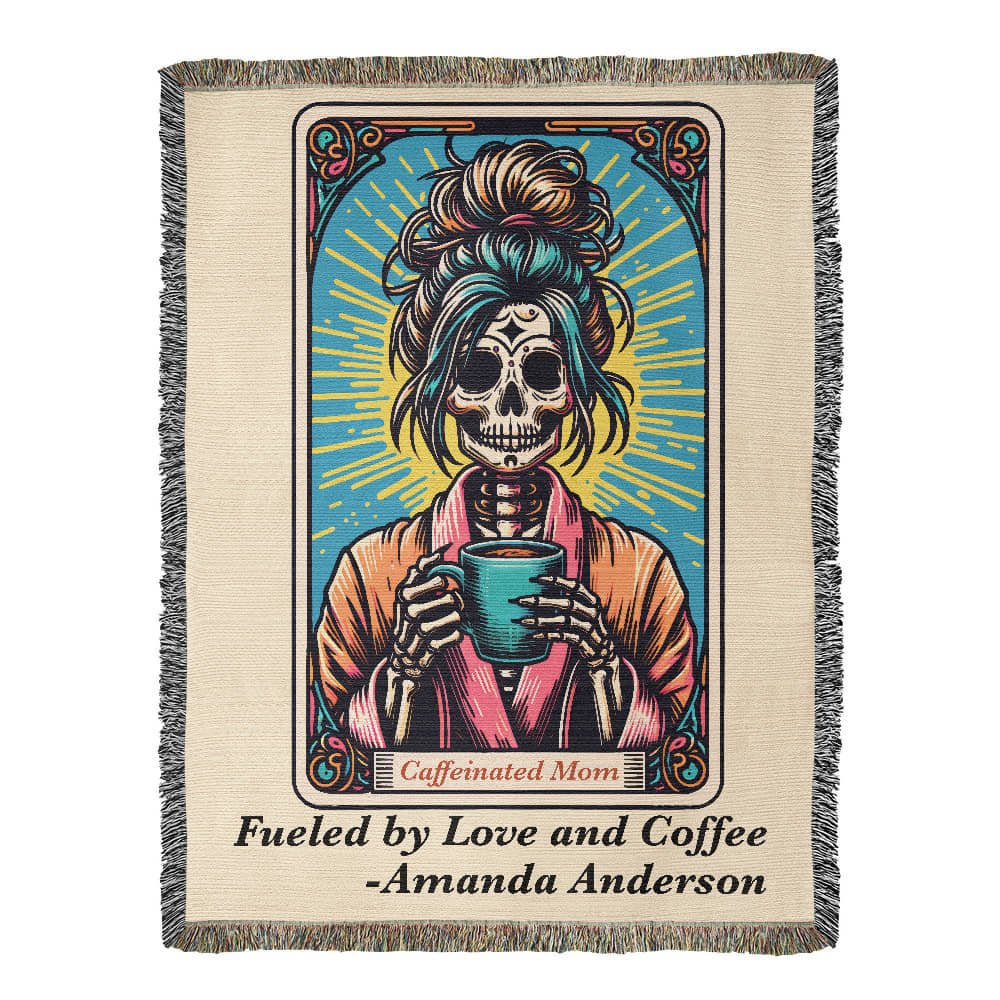 Personalized Caffeinated Mom Tarot Card Woven Blanket – Custom Skeleton Gift, Fleece/Sherpa Throw