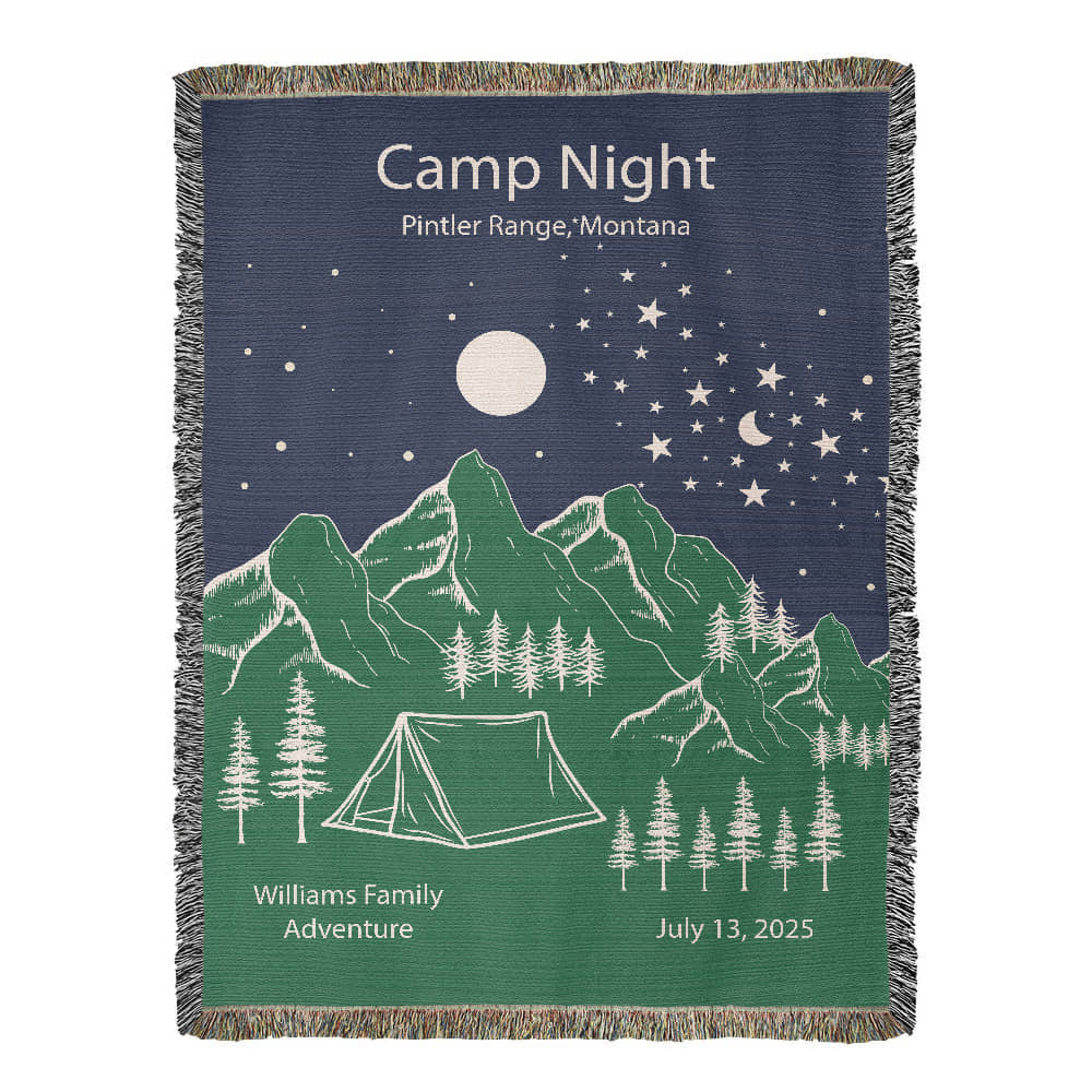 Personalized Camp Night Woven Blanket – Custom Tent Camping Gift, Fleece/Sherpa Throw