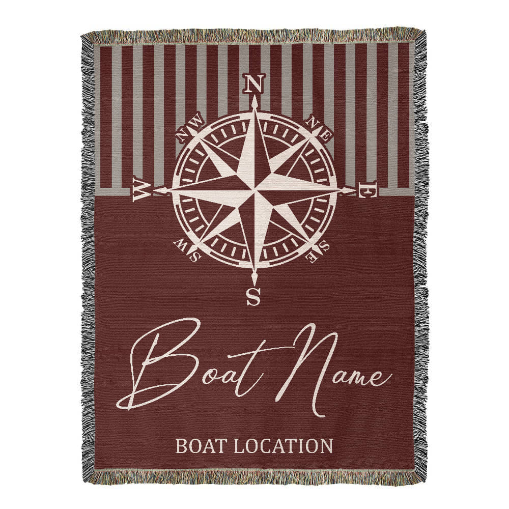 Personalized Nautical Compass Woven Blanket Custom Boat Name and Location Throw