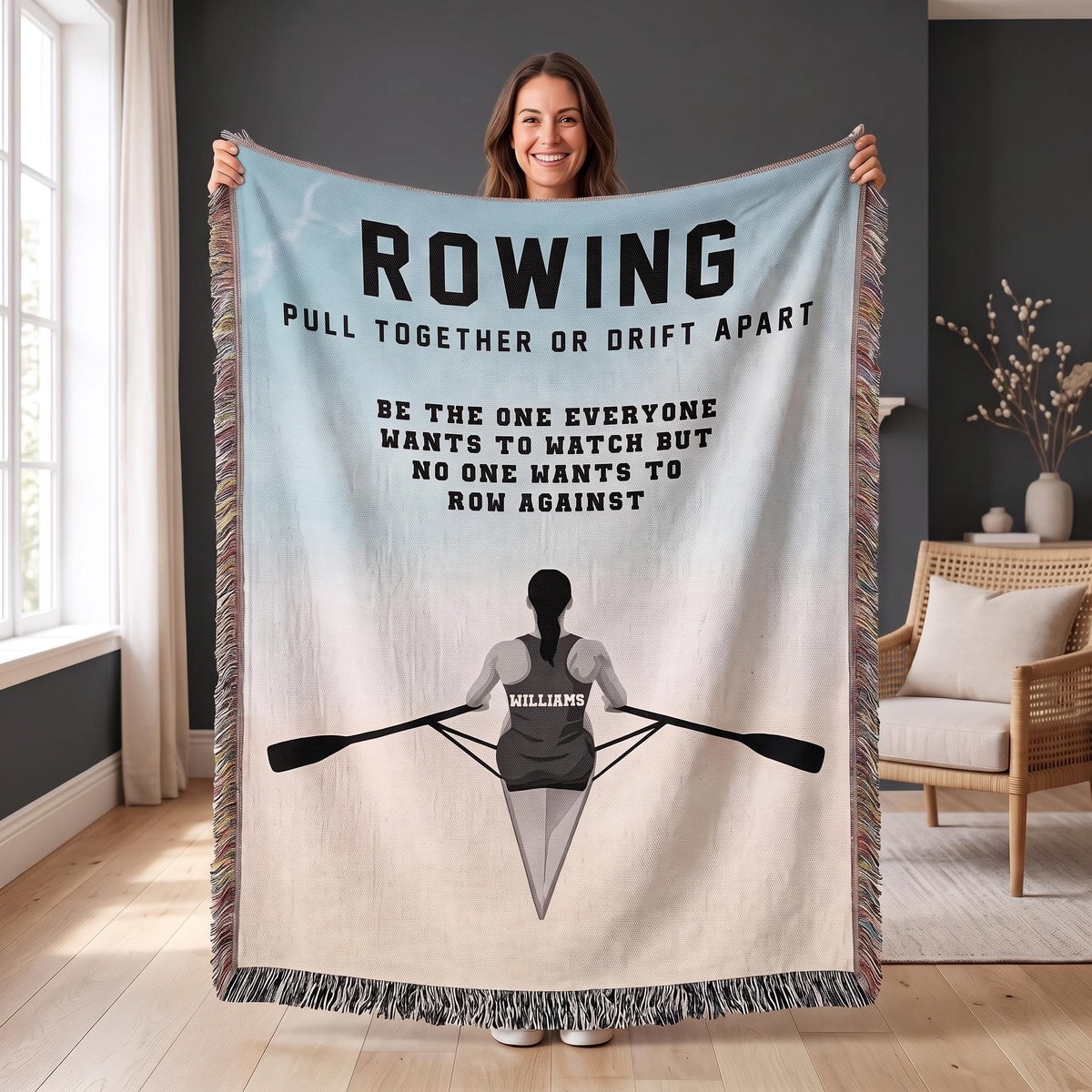 Personalized Womens Rowing Woven Blanket Custom Rower Gift Throw