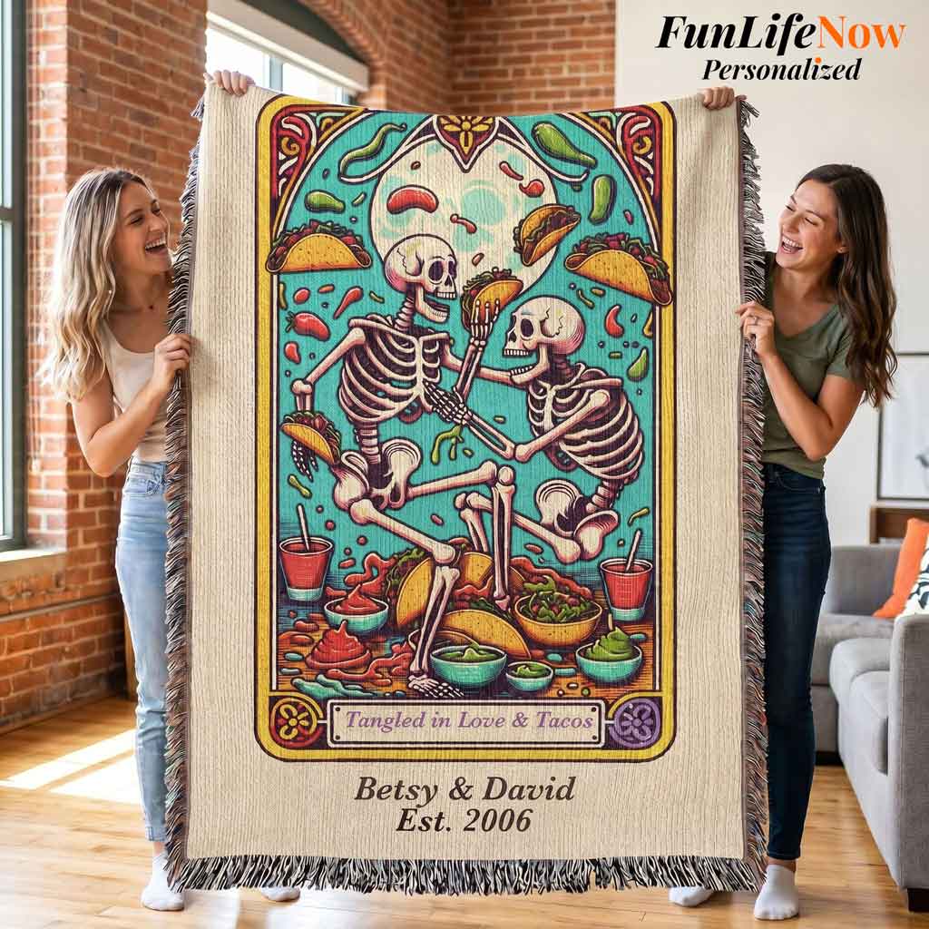 Personalized Love and Tacos Tarot Card Woven Blanket Custom Couple Gift Throw