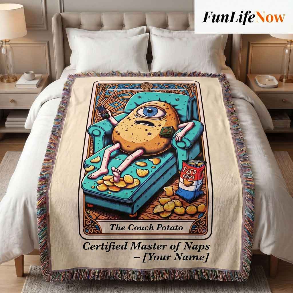 Personalized Couch Potato Tarot Card Woven Blanket Custom Lazy Day Gift Throw