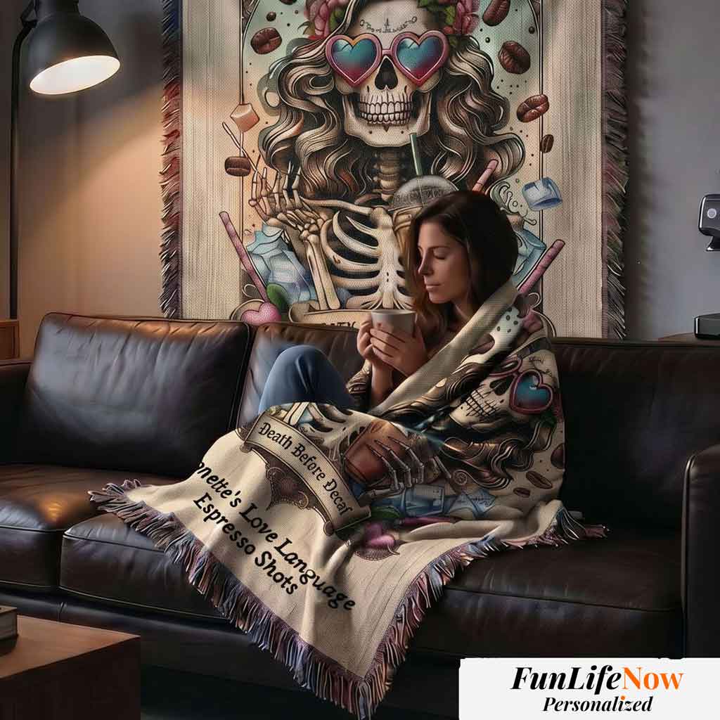 Personalized Death Before Decaf Tarot Card Woven Blanket Custom Coffee Lover Gift Throw