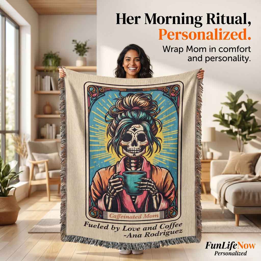 Personalized Caffeinated Coffee Mom Tarot Card Woven Blanket Custom Gift Throw