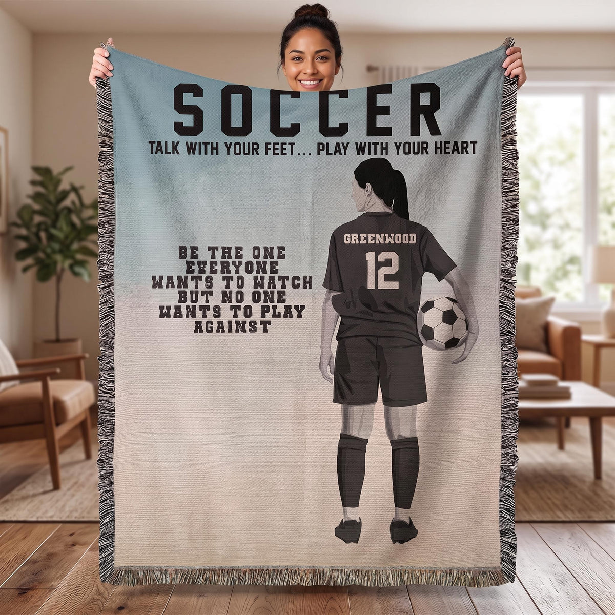 Personalized Girls Soccer Woven Blanket Custom Soccer Gift Throw