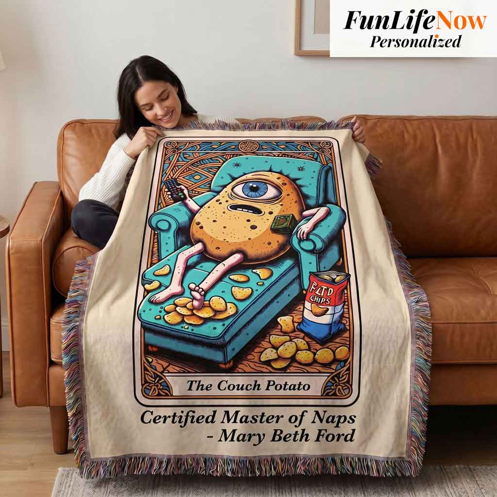 Personalized Couch Potato Tarot Card Woven Blanket Custom Lazy Day Gift Throw
