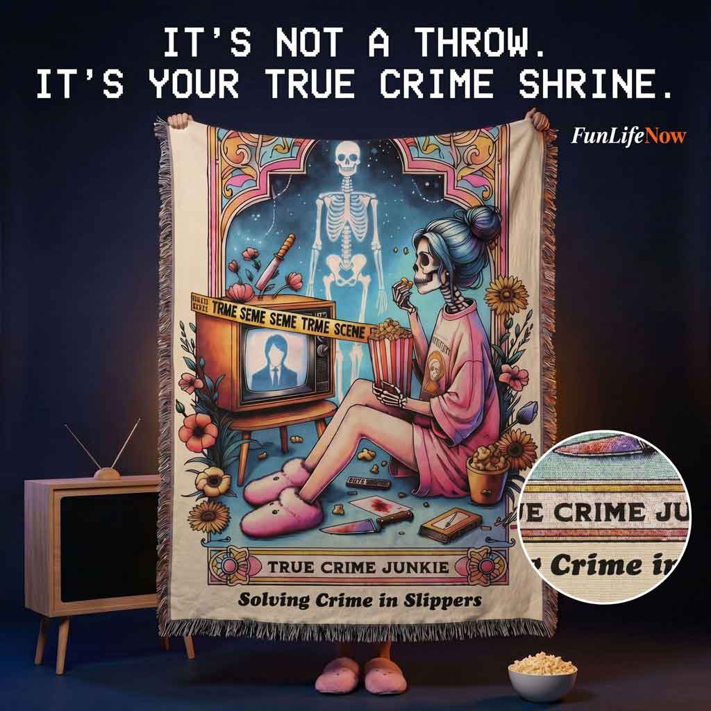 Decorative blanket with a skeleton and woman design on a bed, featuring the brand 'FunLifeNow'.