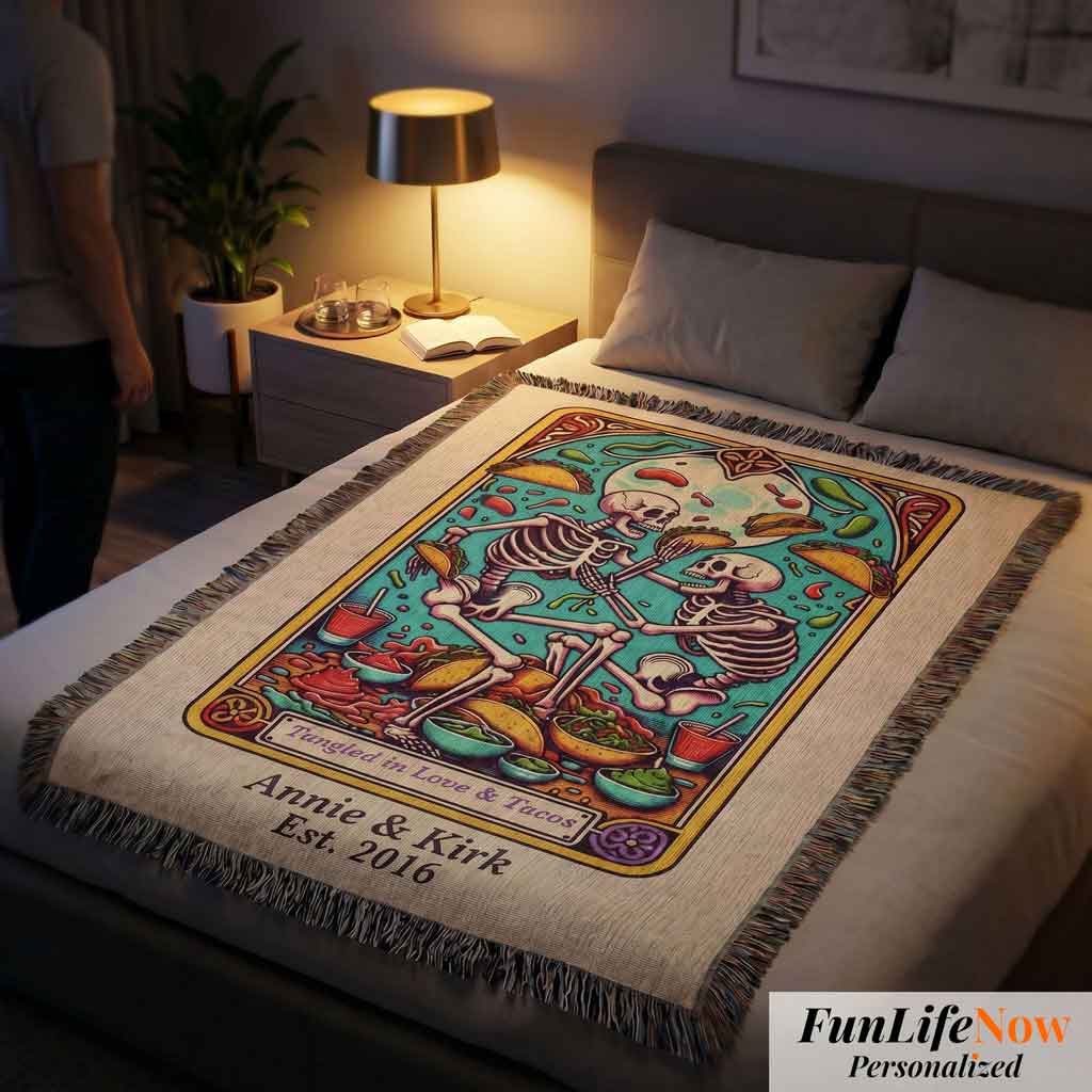 Personalized Love and Tacos Tarot Card Woven Blanket Custom Couple Gift Throw