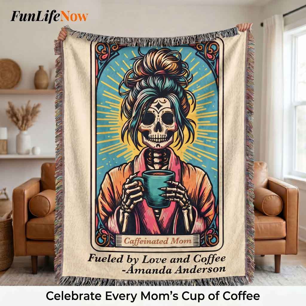 Personalized Caffeinated Coffee Mom Tarot Card Woven Blanket Custom Gift Throw