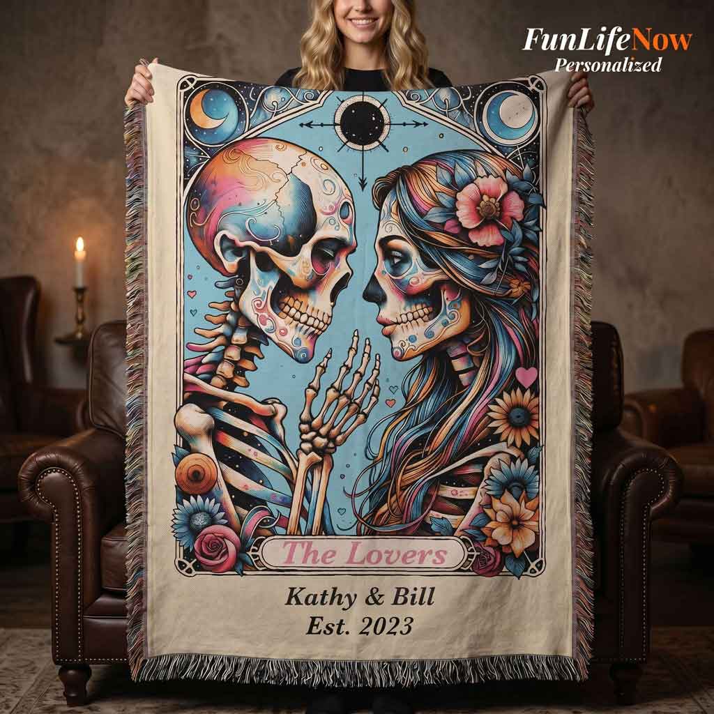 Personalized The Lovers Tarot Card Woven Blanket Custom Couple Gift Throw