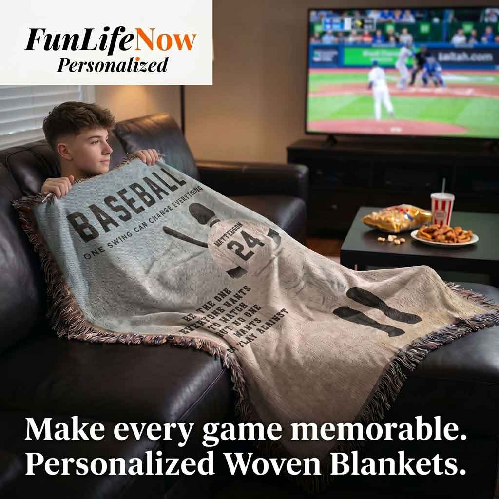 Personalized Baseball Woven Blanket Boys Baseball Gift Custom Throw