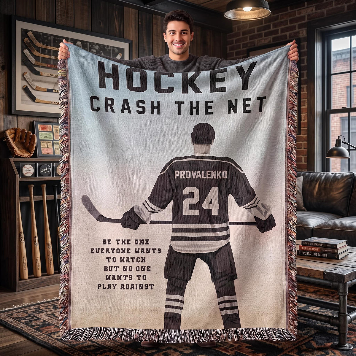 Personalized Hockey Woven Blanket Boys Hockey Gift Custom Throw