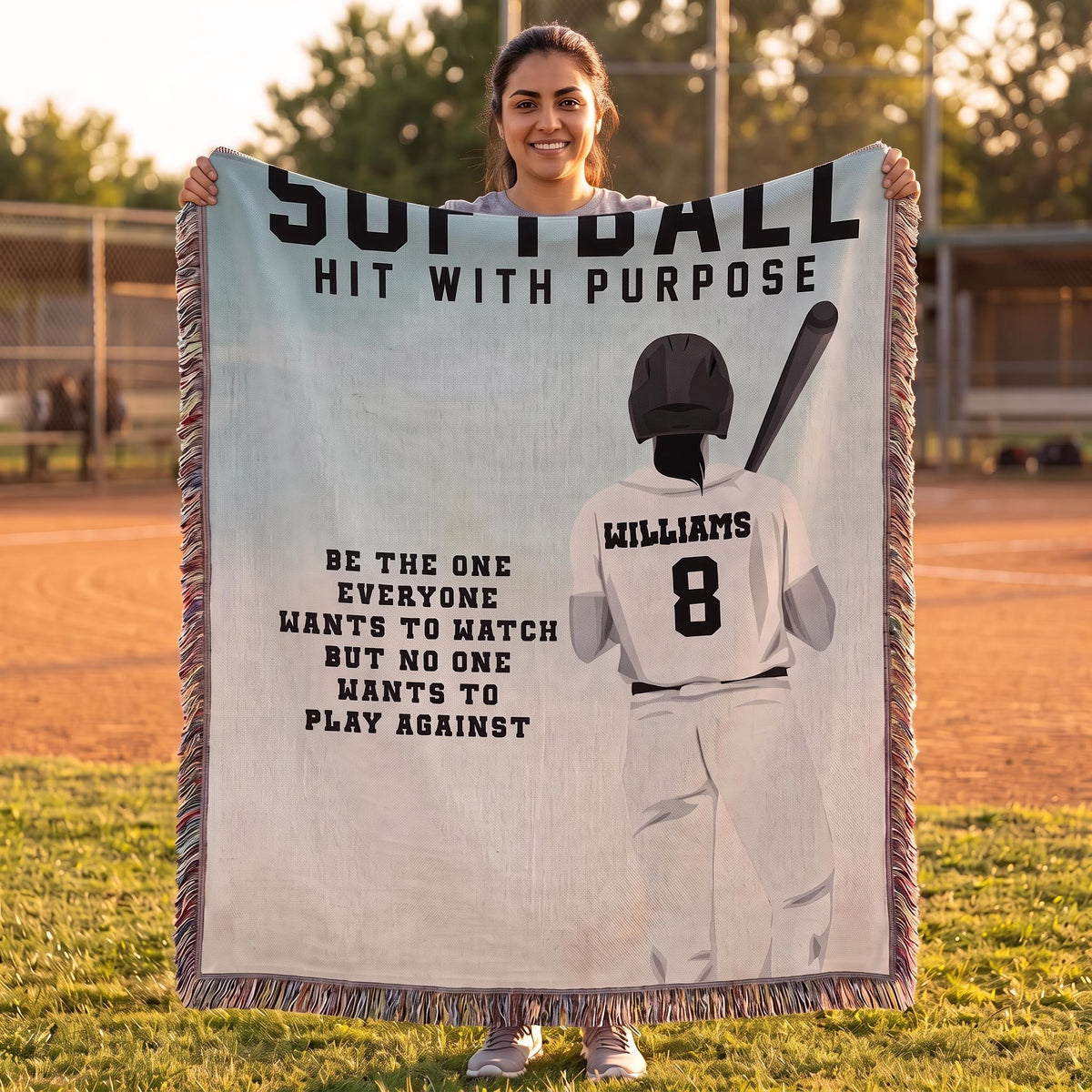 Personalized Girls Softball Woven Blanket Custom Softball Gift Throw