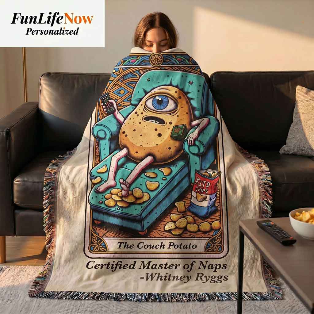 Personalized Couch Potato Tarot Card Woven Blanket Custom Lazy Day Gift Throw