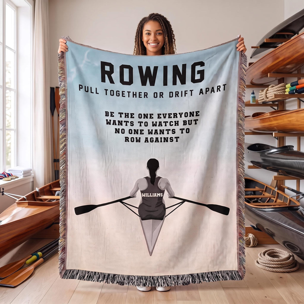 Personalized Womens Rowing Woven Blanket Custom Rower Gift Throw