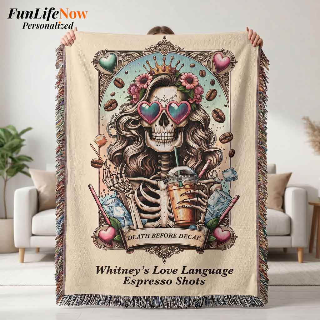 Personalized Death Before Decaf Tarot Card Woven Blanket Custom Coffee Lover Gift Throw