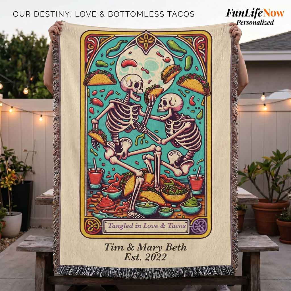 Personalized Love and Tacos Tarot Card Woven Blanket Custom Couple Gift Throw