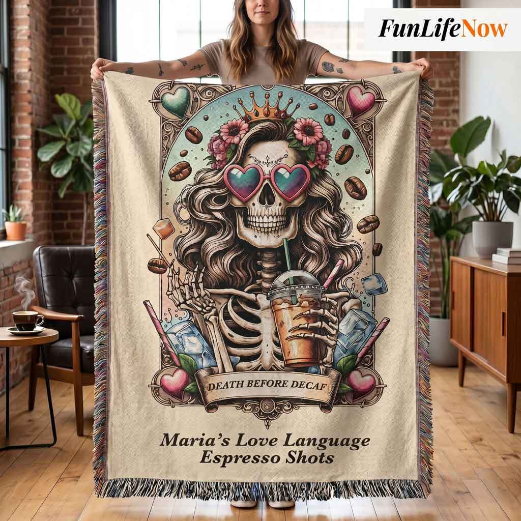 Personalized Death Before Decaf Tarot Card Woven Blanket Custom Coffee Lover Gift Throw
