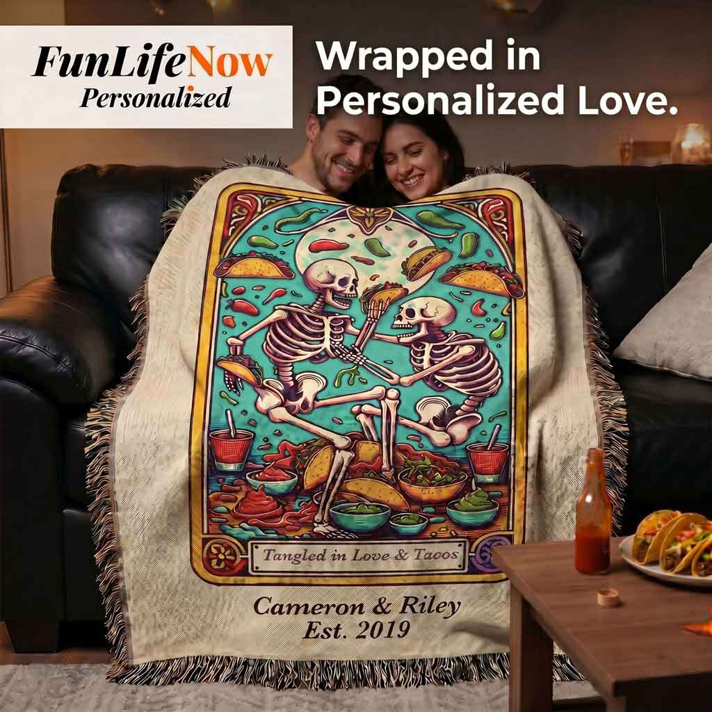 Personalized Love and Tacos Tarot Card Woven Blanket Custom Couple Gift Throw