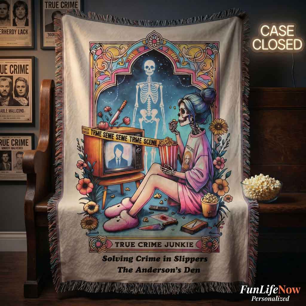 Decorative blanket with a skeleton and woman design, featuring 'True Crime Junkie' text, on a wooden surface.
