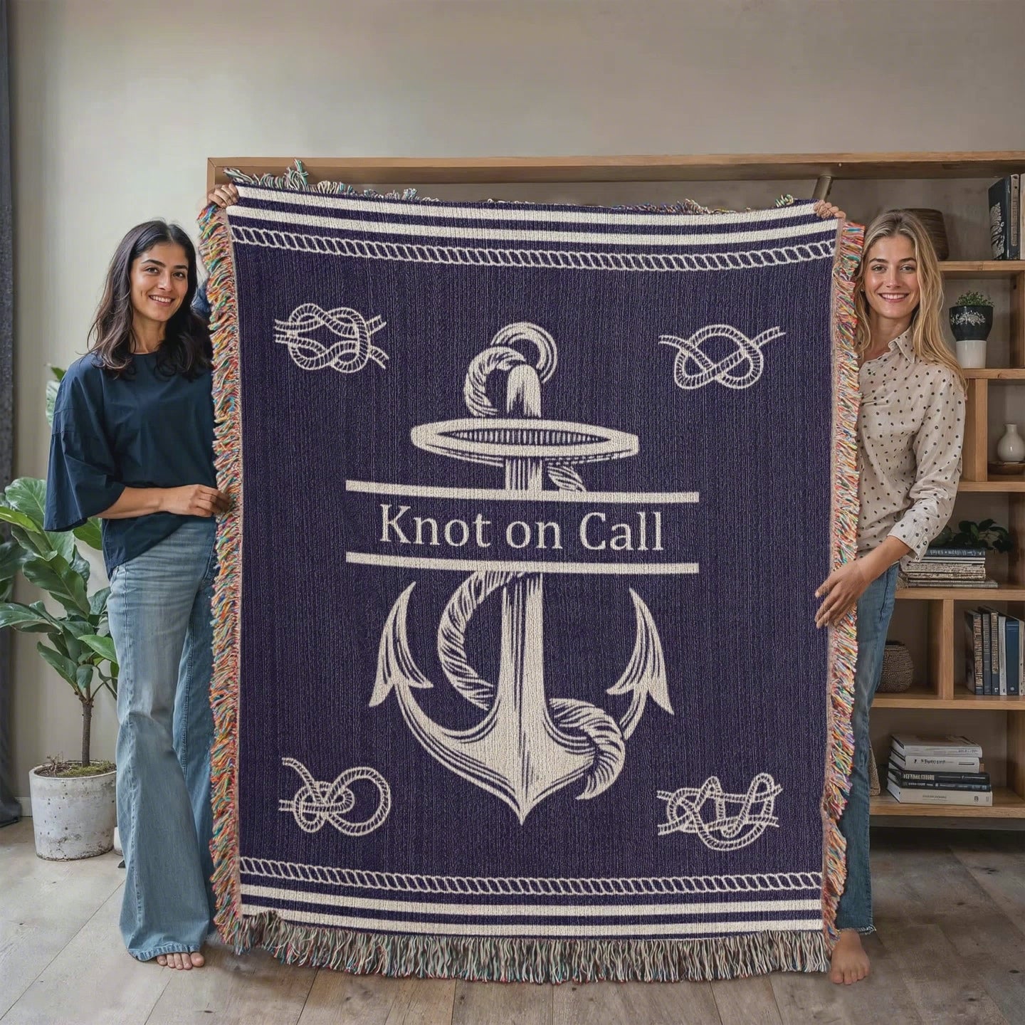 A personalized woven blanket with a nautical theme, featuring a rope-wrapped anchor in the center, surrounded by detailed rope knots and the phrase 'Knot on Call' at the top. Available at Funlifenow.com