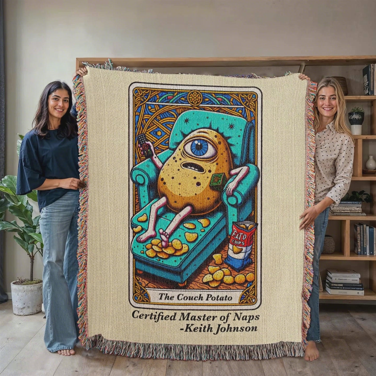 Personalized Couch Potato Tarot Card Woven Blanket available at funlifenow.com
