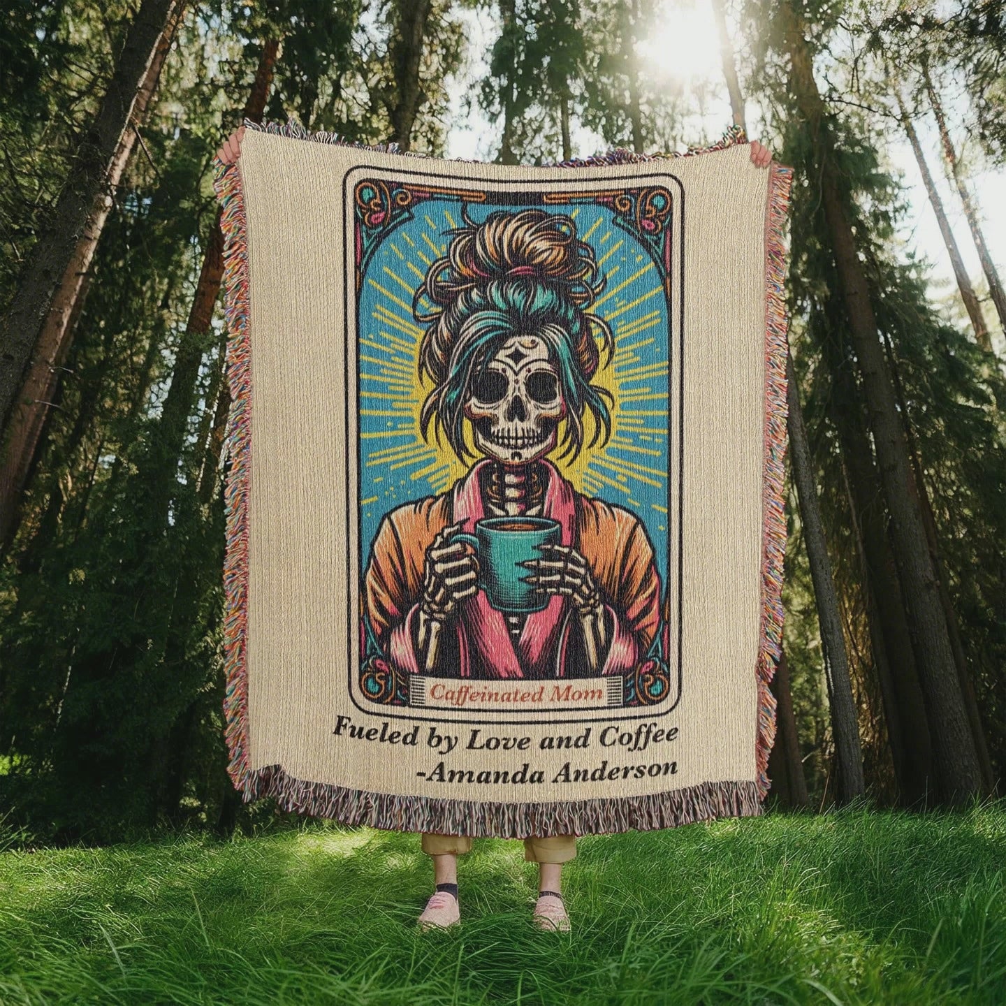Personalized Caffeinated Mom Tarot Card Woven Blanket available at funlifenow.com