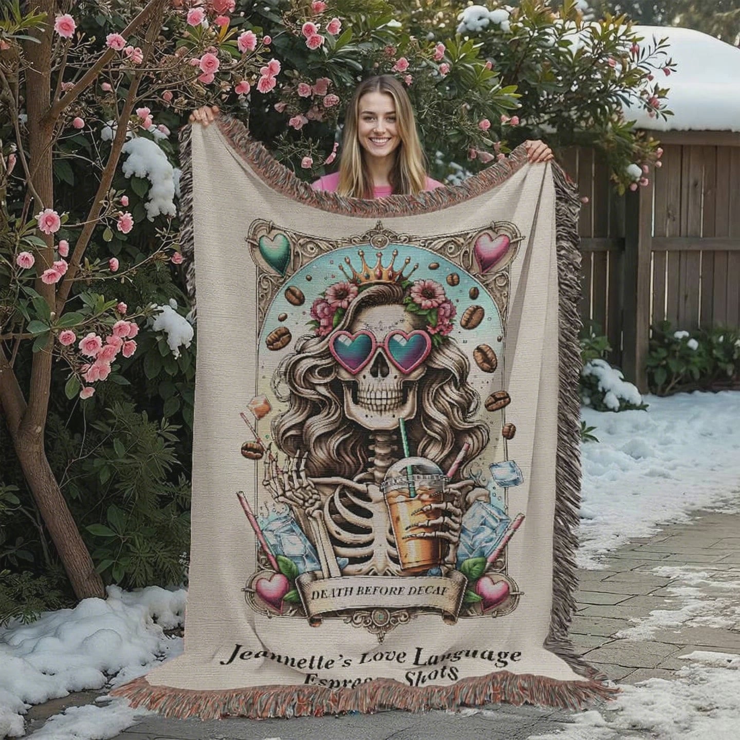 Personalized Death Before Decaf Tarot Card Woven Blanket available at funlifenow.com