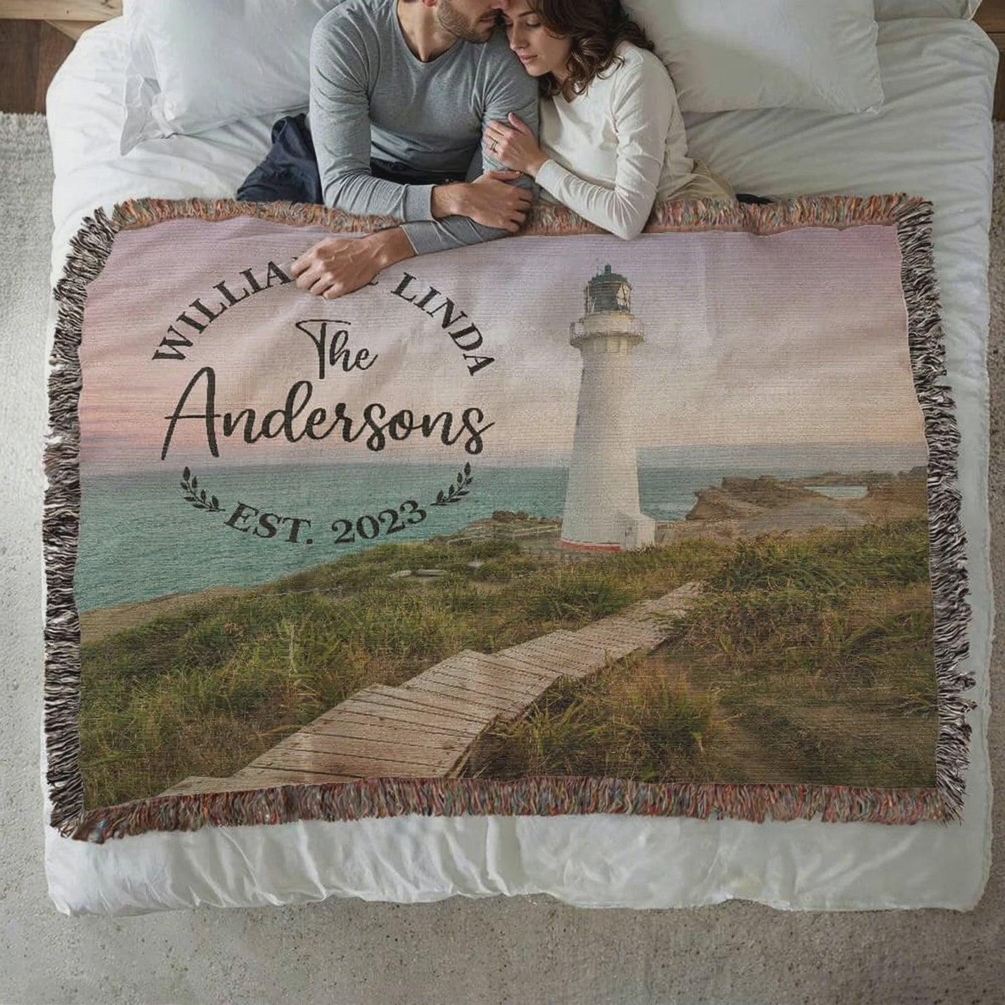 Personalized Lighthouse Monogram Woven Blanket Custom Family Name and Date Throw available at Funlifenow.com