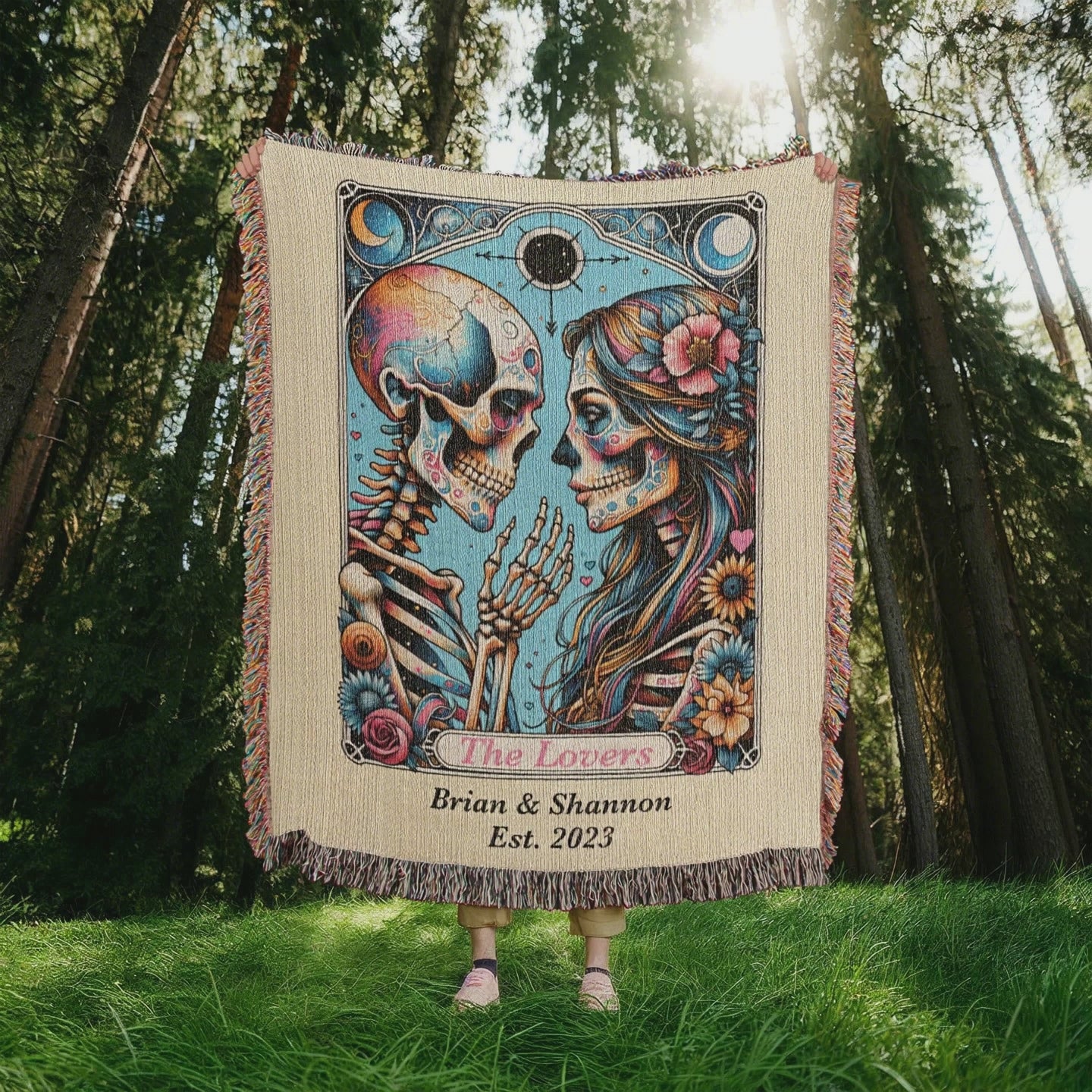 The Lovers Tarot Card Woven blanket available at funlifenow.com