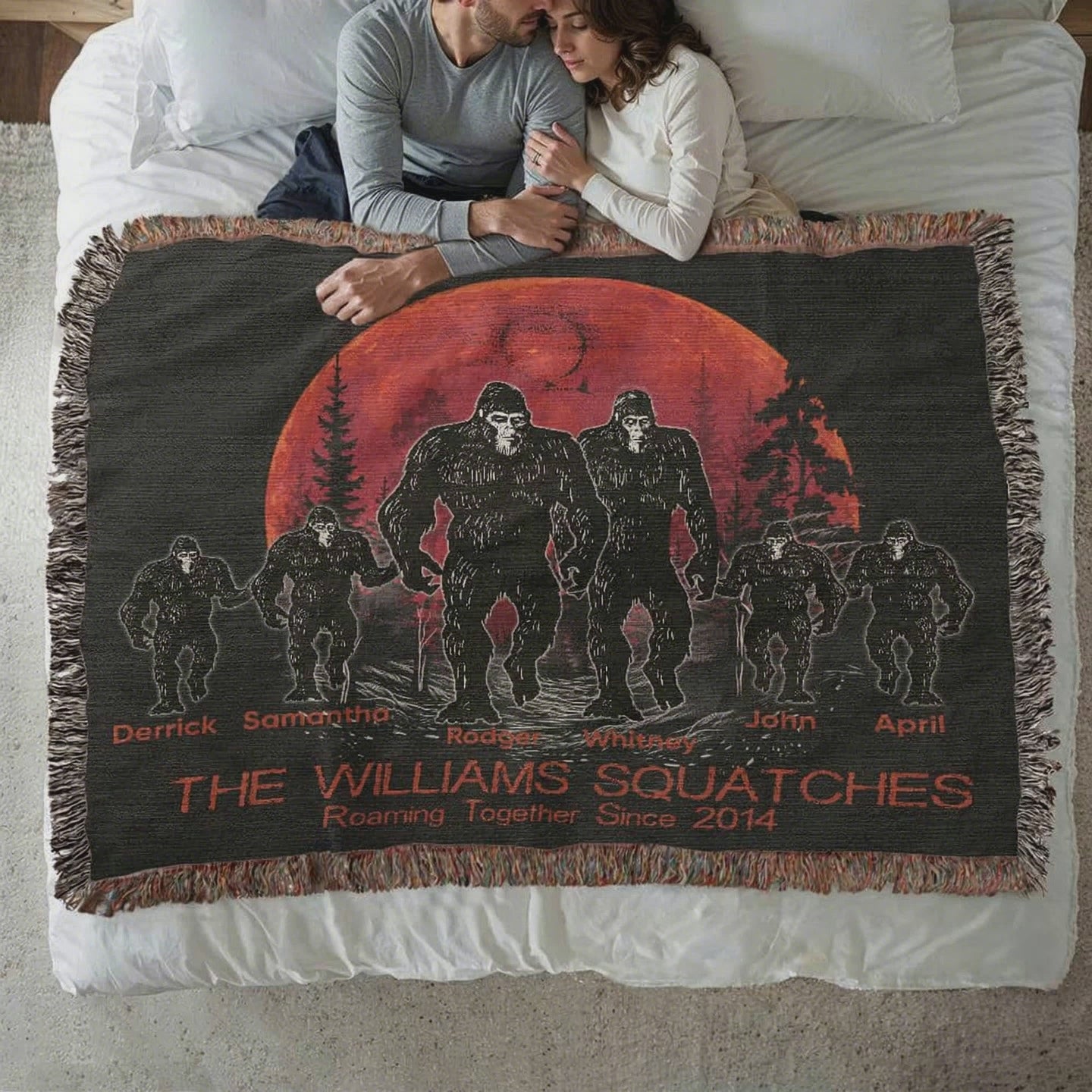 Personalized Family Bigfoot Woven Blanket – Custom Sasquatch Family Gift Throw