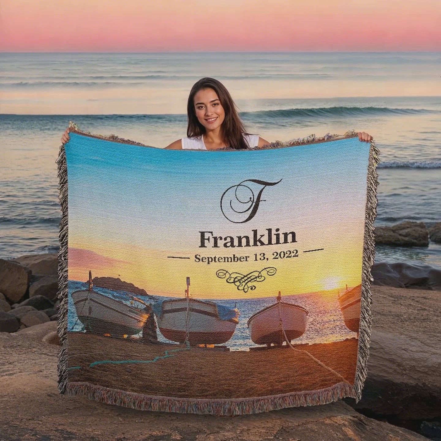 Personalized Boats Sunset Monogram Woven Blanket with Custom Last Name and Date woven into the 100% cotton comfort throw available at funlifenow.com