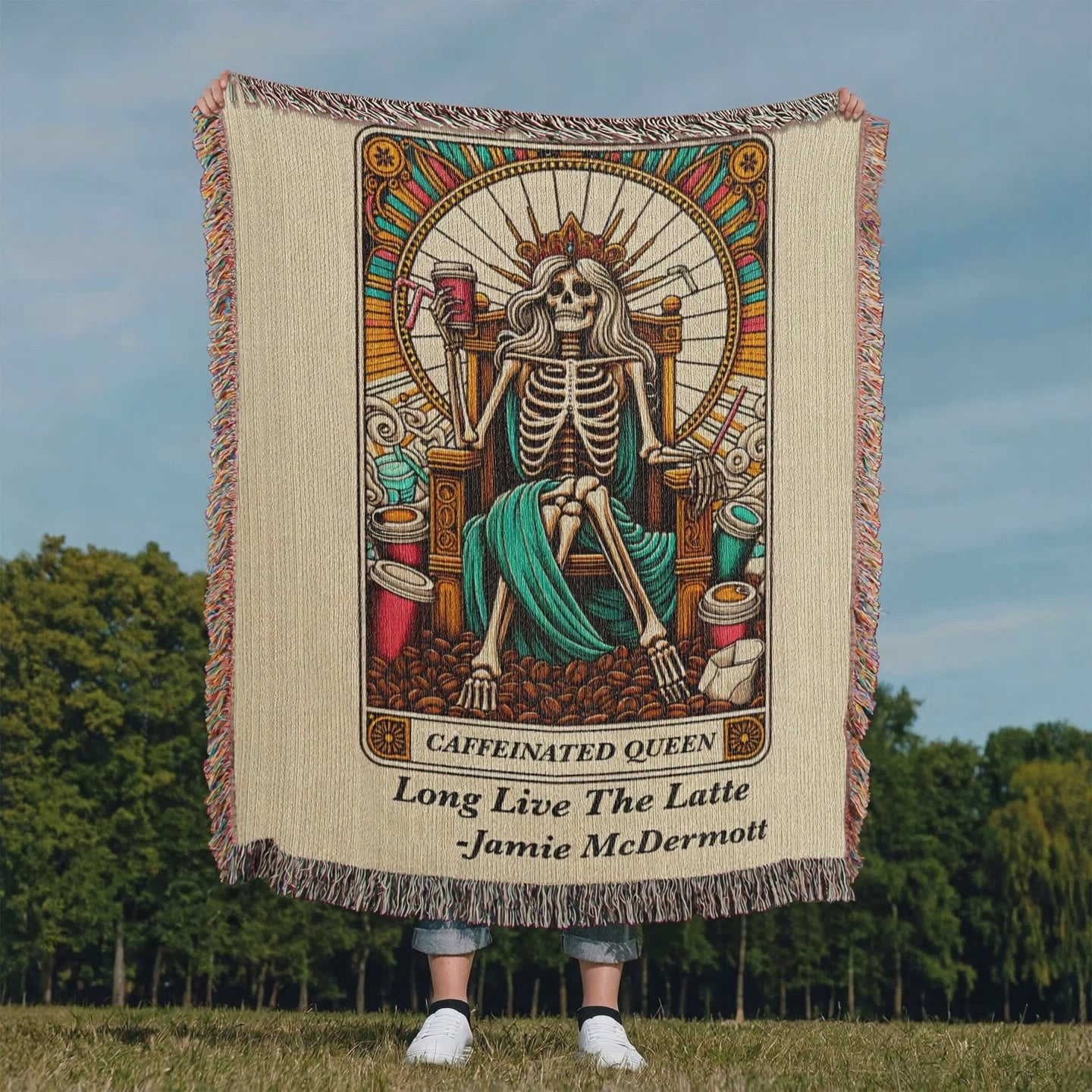 Personalized Caffeinated Queen Tarot Card Woven Blanket  available at funlifenow.com