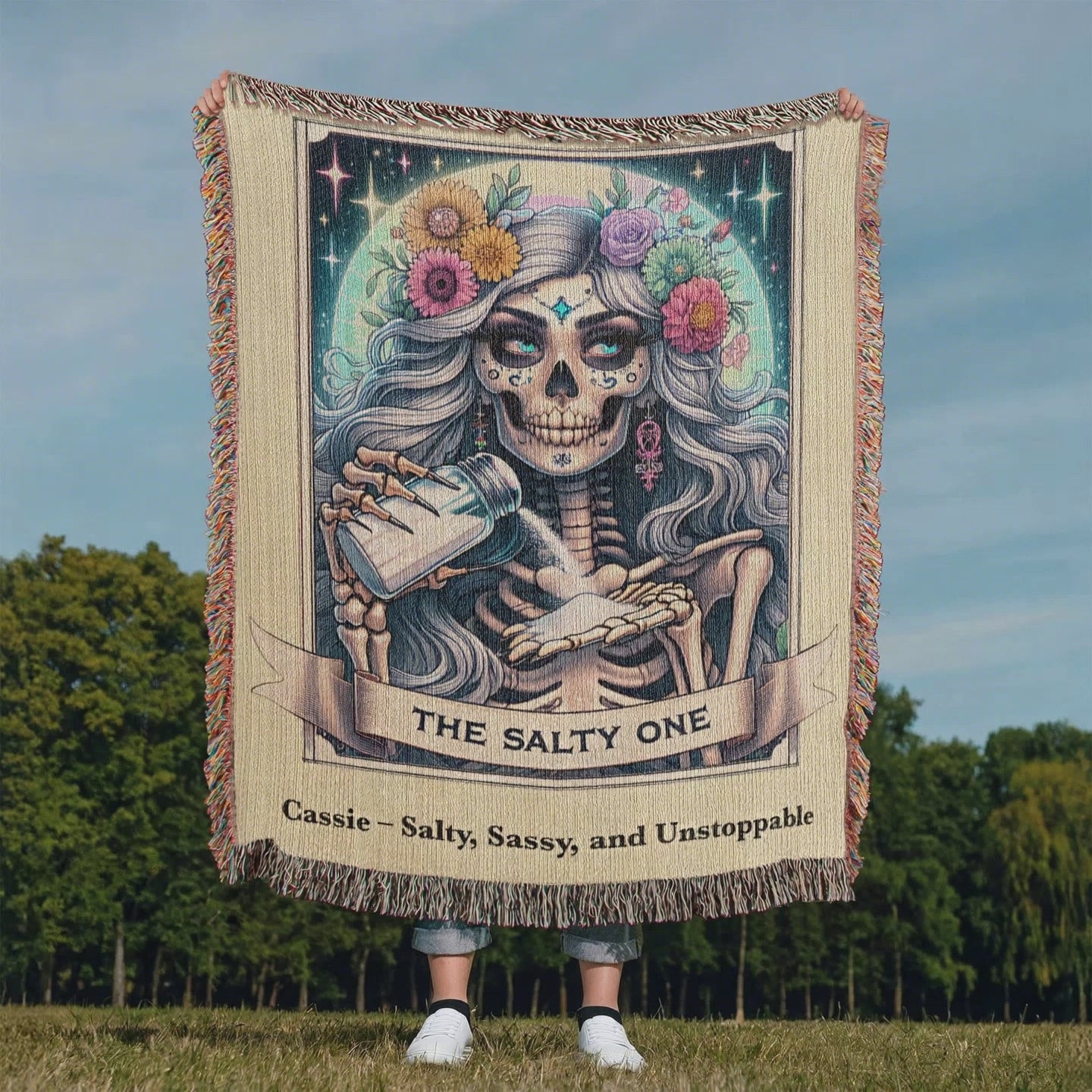 The Salty One Funny Tarot Card Personalized woven blankets available at Funlifenow.com