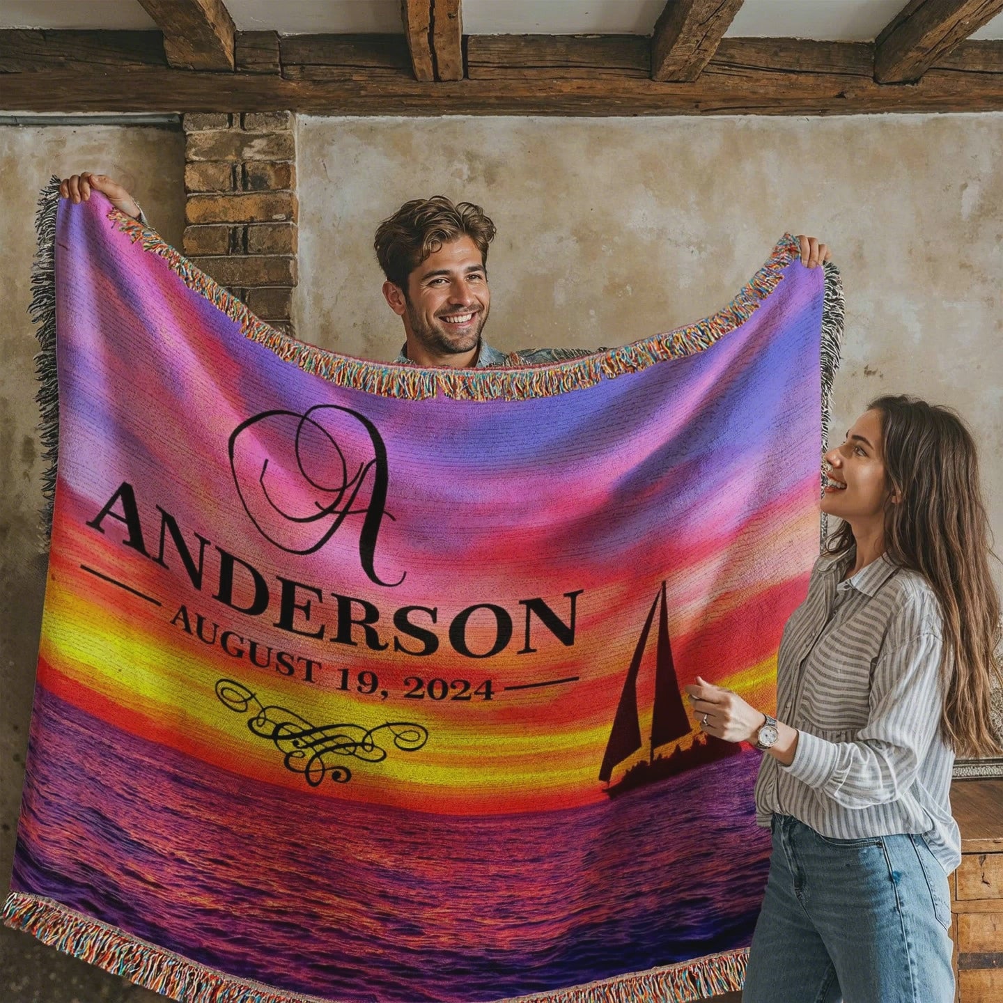 Personalized Sailing Sunset Monogram Woven Blanket Custom Last Name and Date Throw available at funlifenow.com