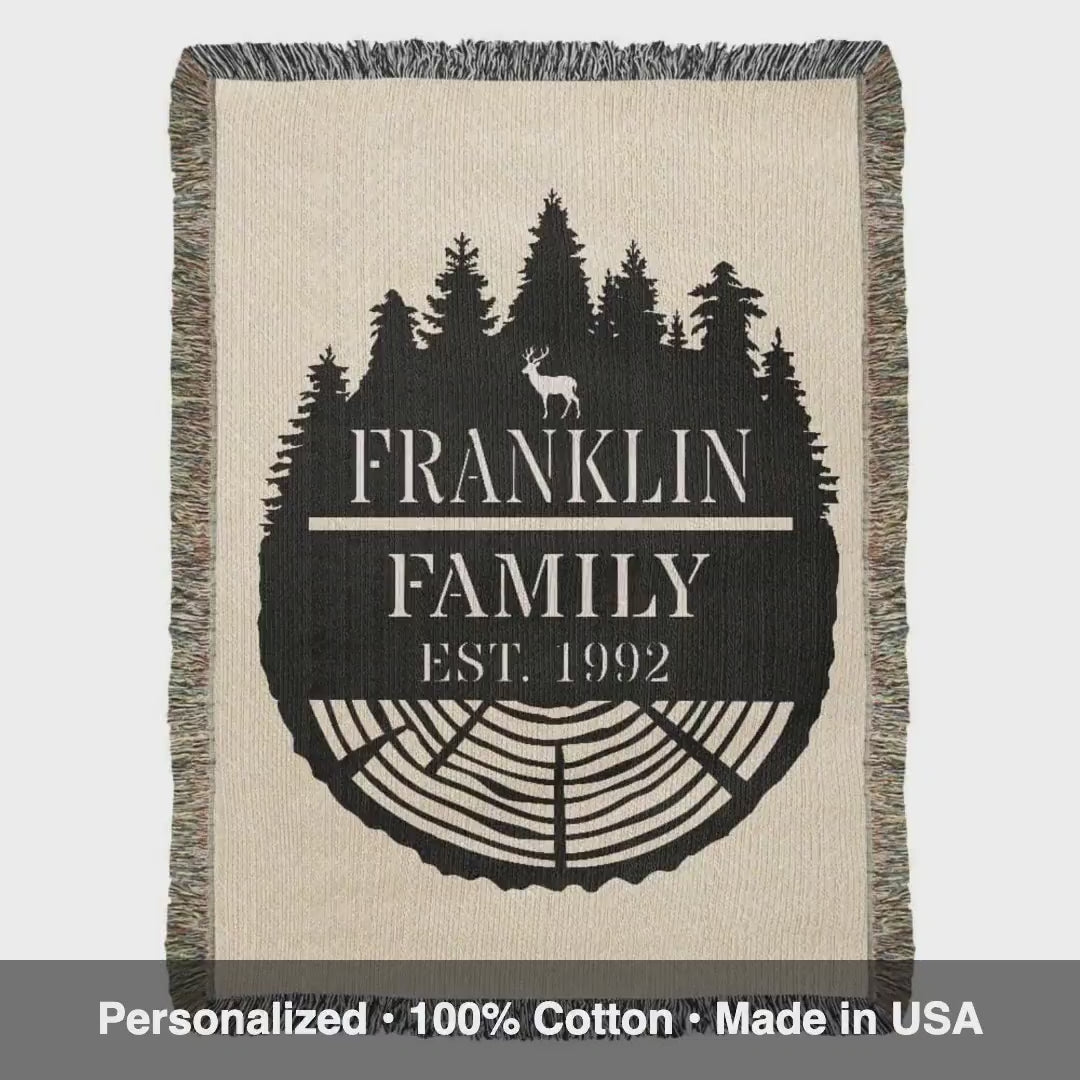 Personalized Tree Rings Family Name Monogram Woven Blanket Throw – Custom Home Gift