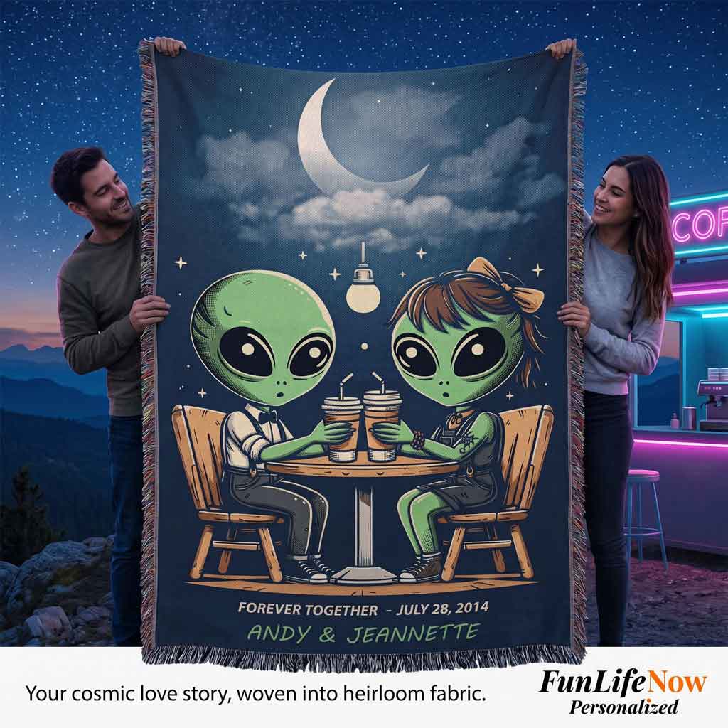 Personalized Alien Couple Coffee Shop Woven Blanket Custom Romantic Gift Throw