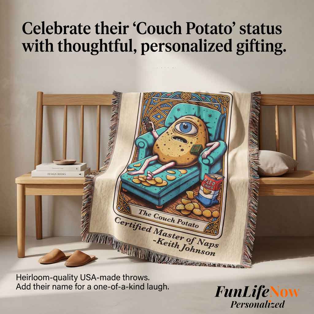 Personalized Couch Potato Tarot Card Woven Blanket Custom Lazy Day Gift Throw