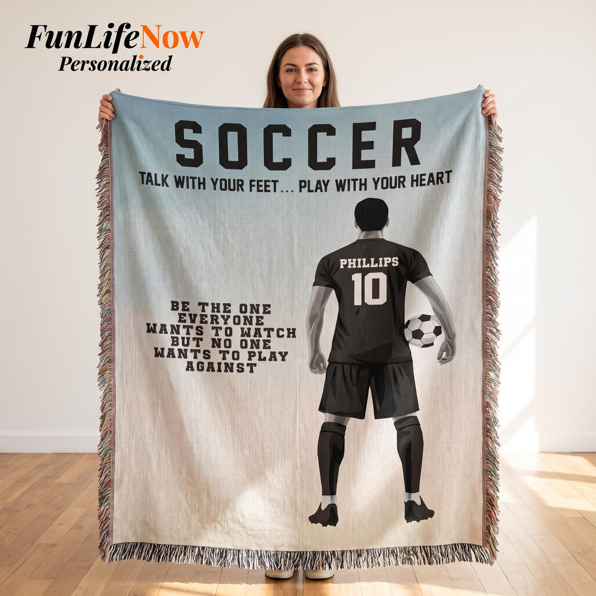 Personalized Boys Soccer Woven Blanket Custom Soccer Gift Throw