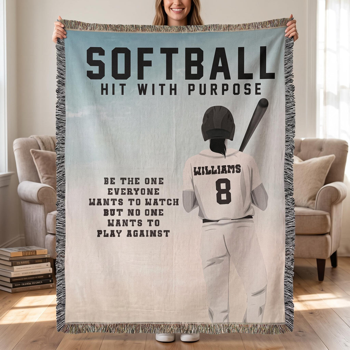 Personalized Girls Softball Woven Blanket Custom Softball Gift Throw
