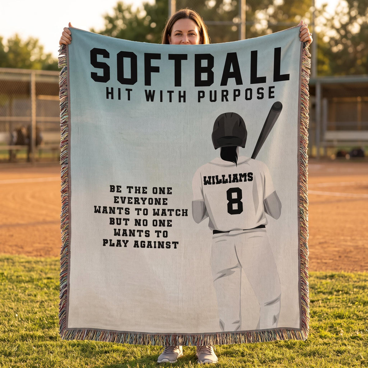 Personalized Girls Softball Woven Blanket Custom Softball Gift Throw