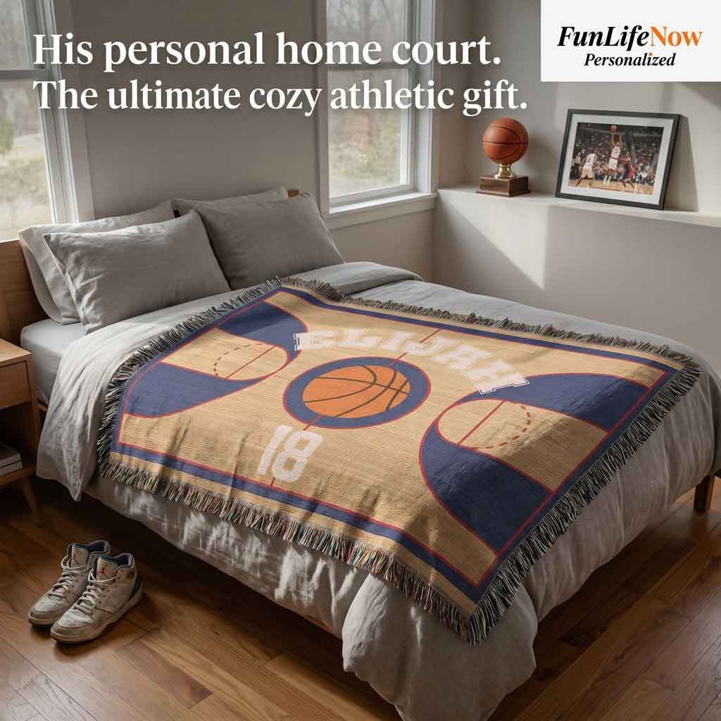 Personalized Basketball Woven Blanket Player Gift Custom Throw