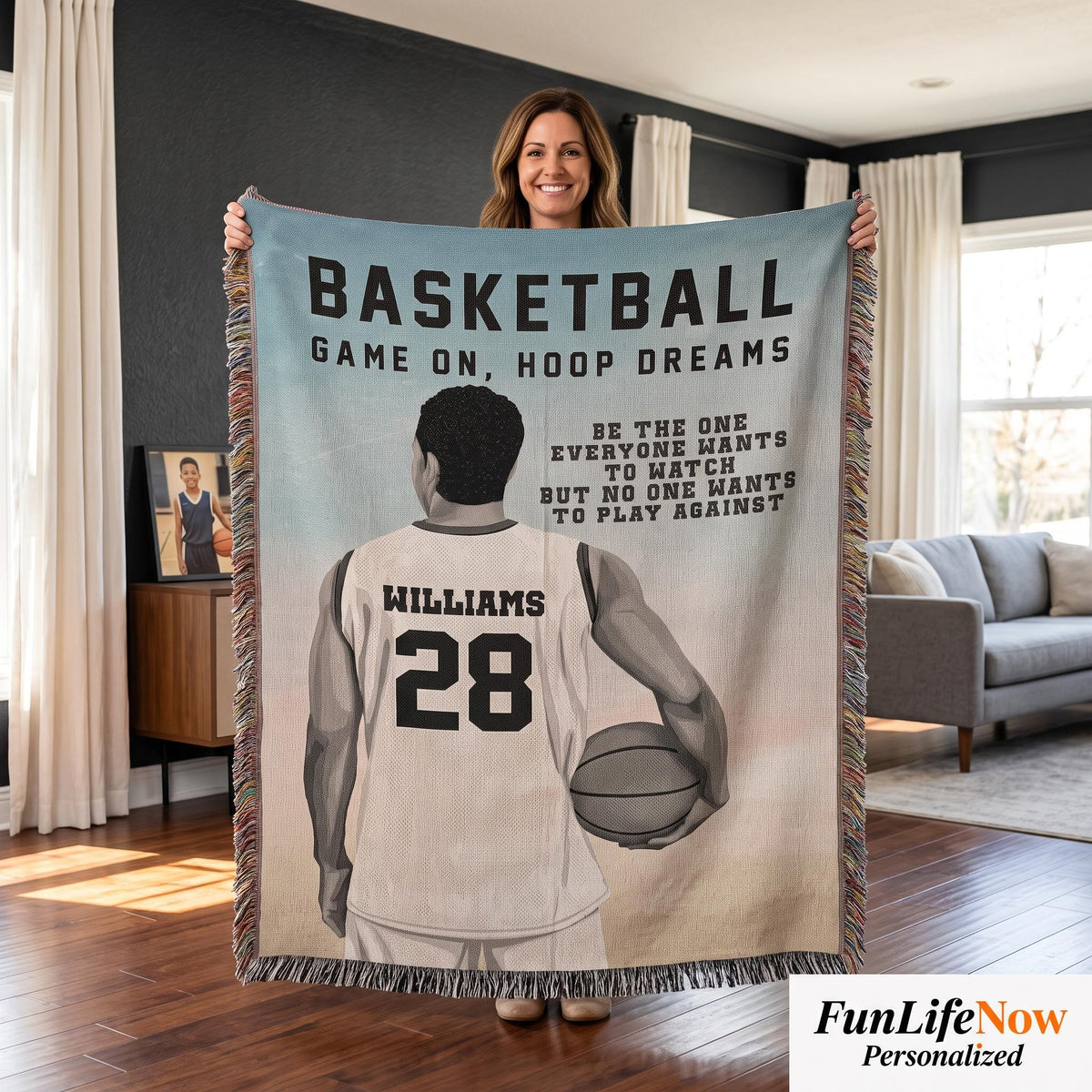 Personalized Basketball Woven Blanket Boys Basketball Gift Custom Throw