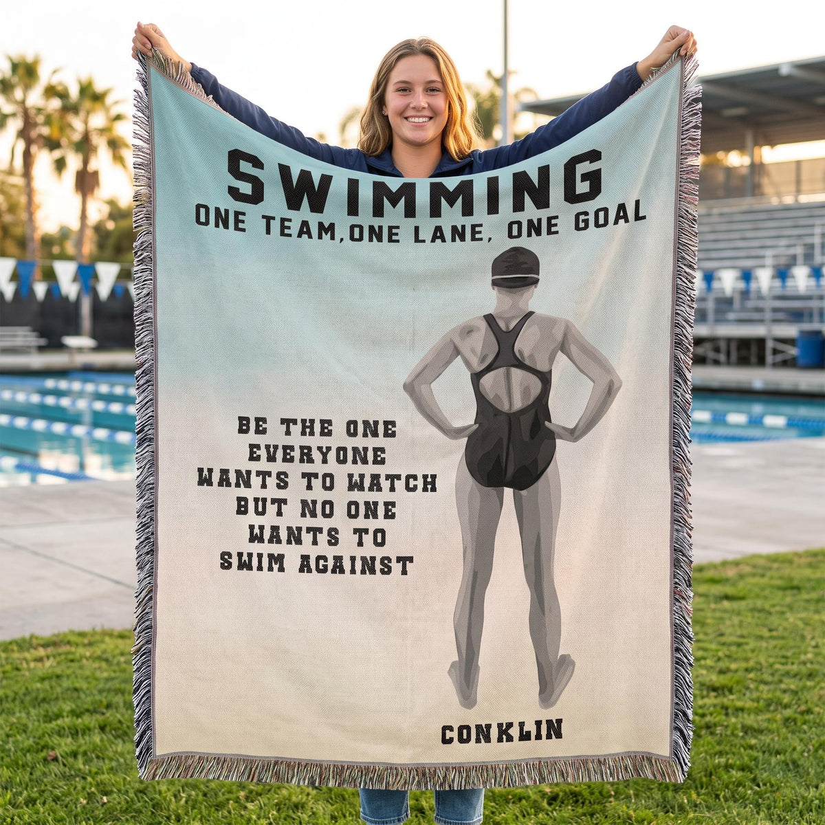 Personalized Girls Swimming Woven Blanket Custom Swimmer Gift Throw