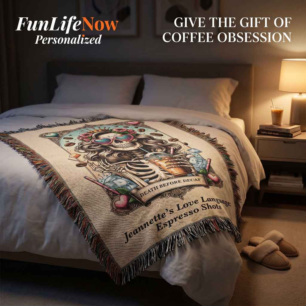 Personalized Death Before Decaf Tarot Card Woven Blanket Custom Coffee Lover Gift Throw