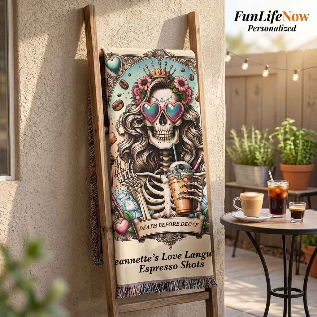 Personalized Death Before Decaf Tarot Card Woven Blanket Custom Coffee Lover Gift Throw