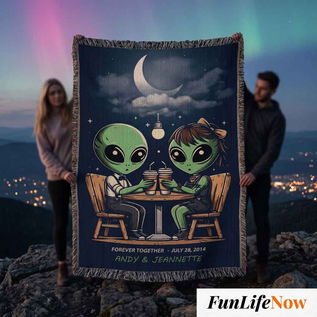 Personalized Alien Couple Coffee Shop Woven Blanket Custom Romantic Gift Throw