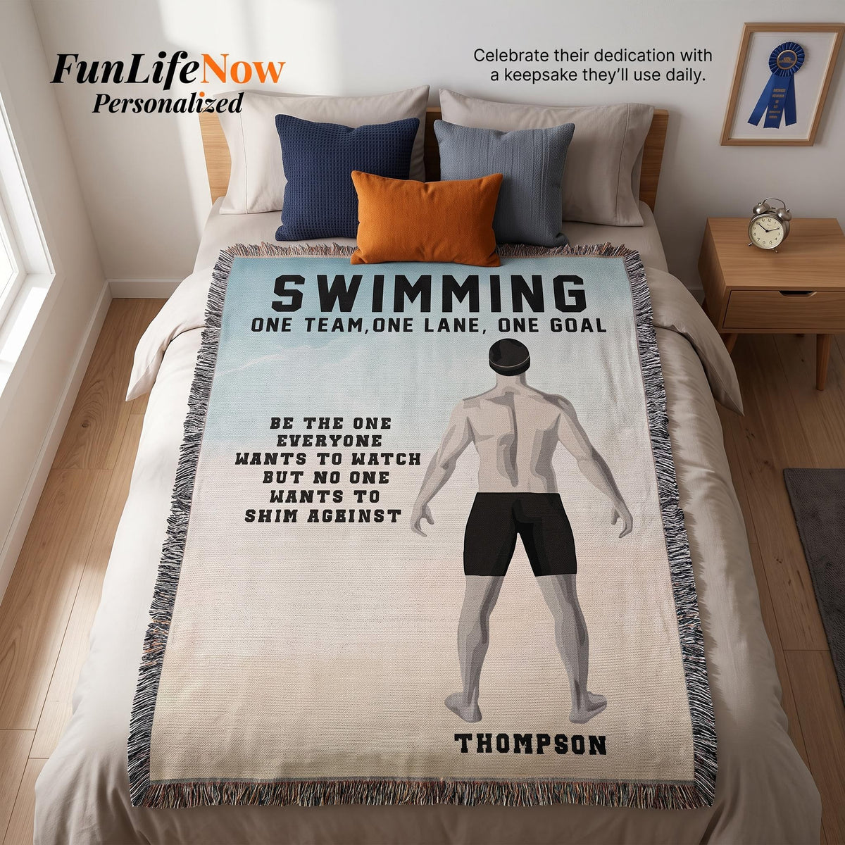 Personalized Boys Swimming Woven Blanket Custom Swimmer Gift Throw
