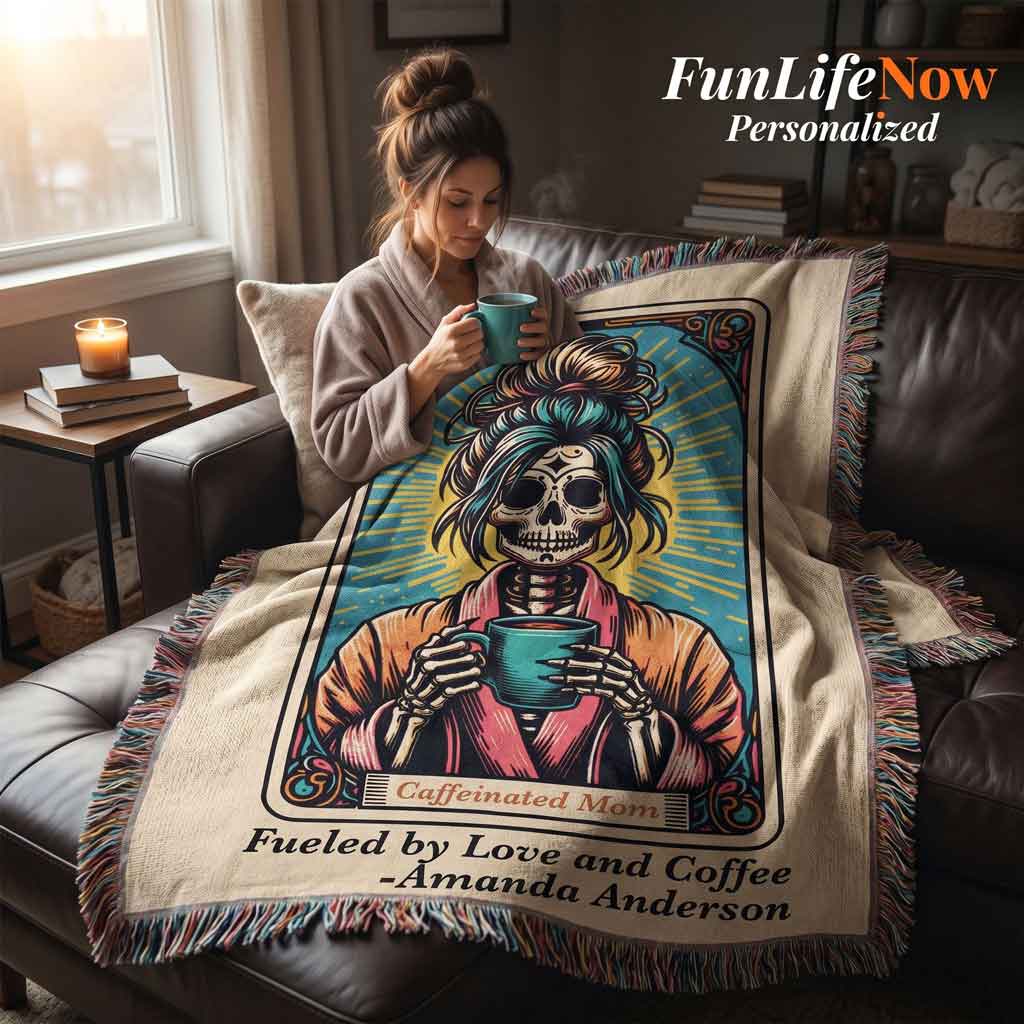 Personalized Caffeinated Coffee Mom Tarot Card Woven Blanket Custom Gift Throw