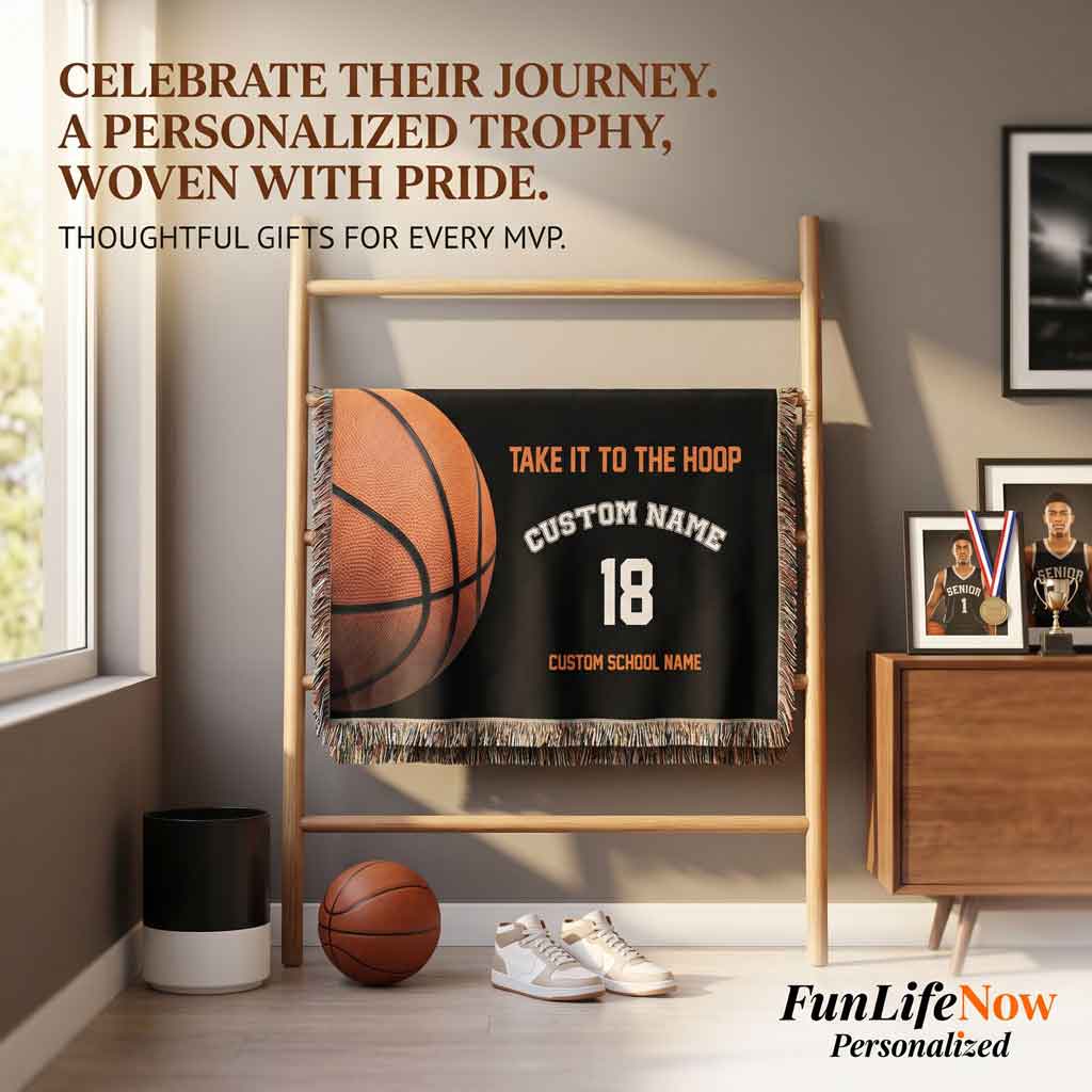 Personalized Basketball Woven Blanket School Spirit Gift Custom Throw